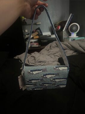 Beaded Light Blue Sardines Pattern Shoulder Bag